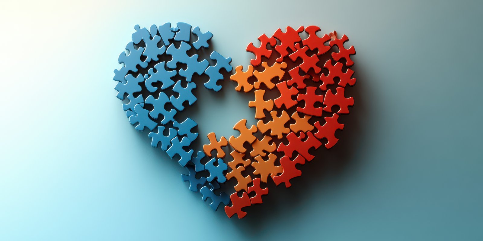 Puzzle pieces form a heart symbolizing love and connection in a creative arrangement